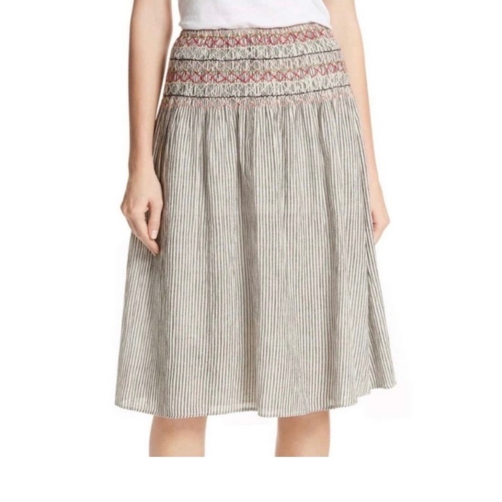 The Great Vista Skirt Rail Stripe Embroidered Smocked Waist Cotton Linen Size 2